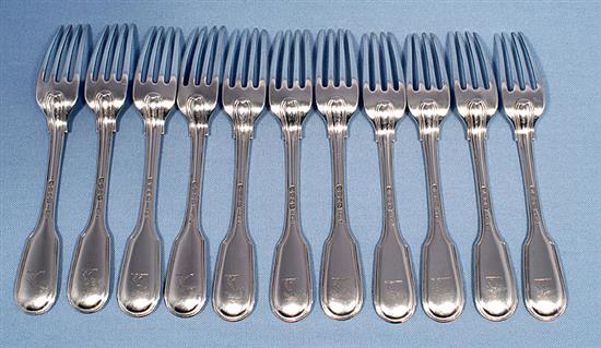 A set of eleven early Victorian silver table forks, Length 8”/200mm, Total Weight: 34.1oz/967grms